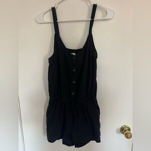 Black Linen Romper with Buttons and Pockets